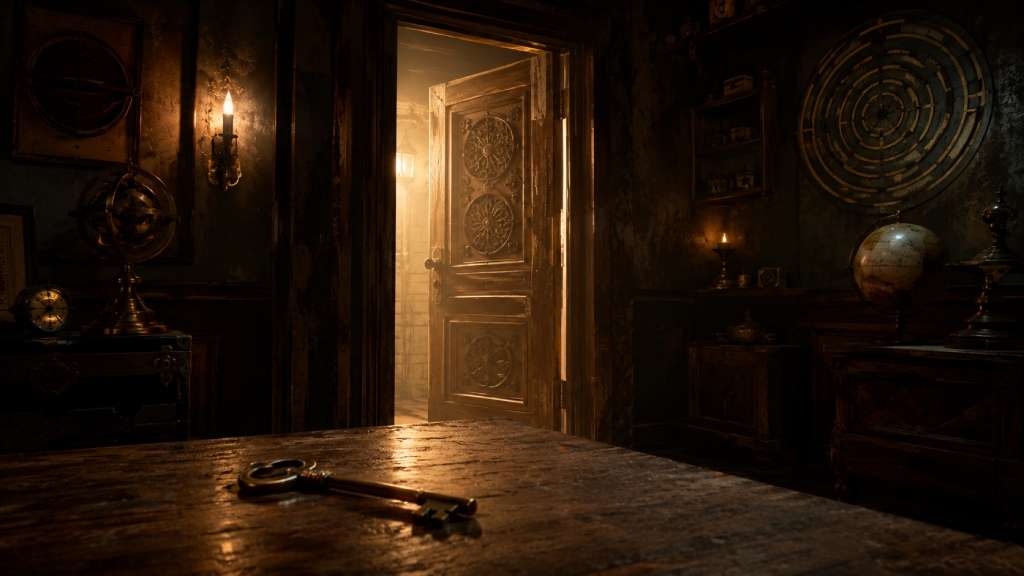 Cos’è una escape room: significato, definizione e tipologie 3 Stanza di fuga con porta e chiave per spiegare la traduzione di escape room