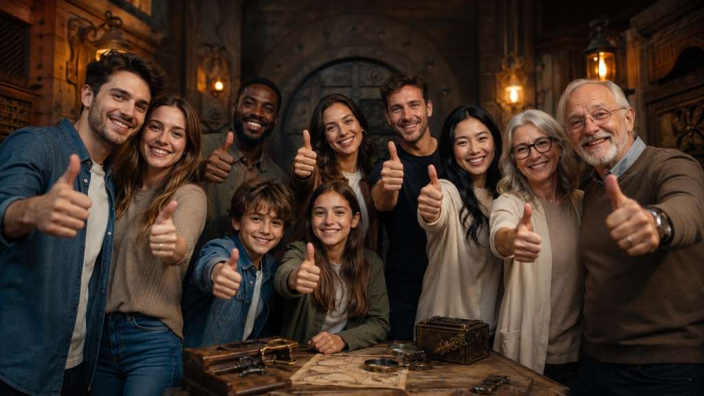 Cos’è una escape room: significato, definizione e tipologie 5 Persone di età e gruppi diversi mostrano il pollice in alto per indicare che la escape room è adatta a tutti